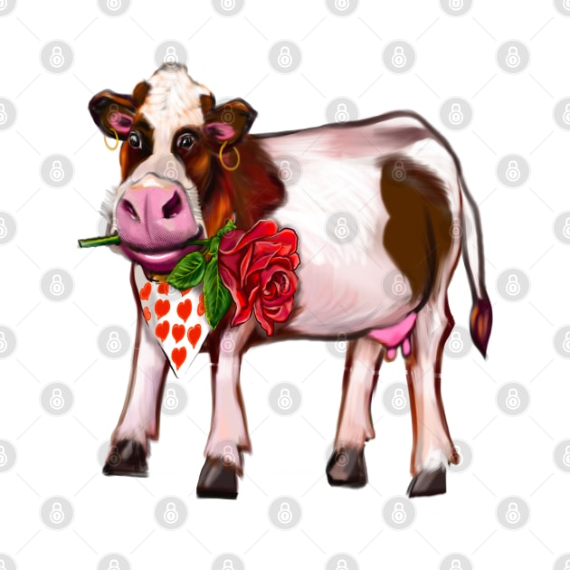 cute funny cow holding a red rose in it’s mouth and sporting a scarf with red love hearts Happy Valentines Day by Artonmytee