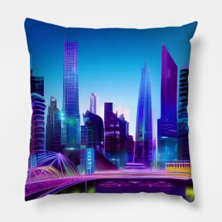 Ai Generated Art Scenery - Futuristic City Near River With Neon Lighting Pillow