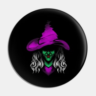 Evil Witch With Green Skin And Purple Hat For Halloween Pin