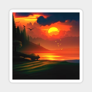 Mountain Lake Summer Sunset Digital Art (MD23SMR011) Magnet