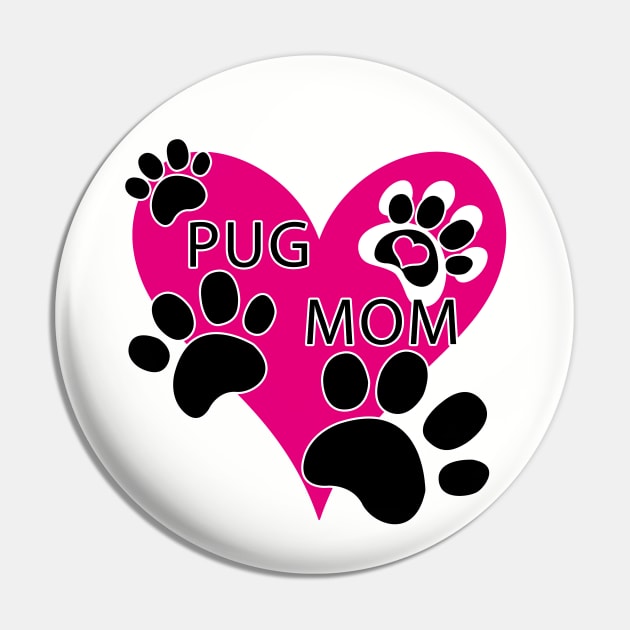 Pug Mom Big Pink Heart Dog Paw Prints Pin by TLSDesigns