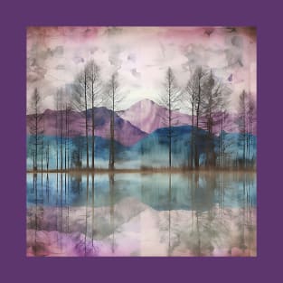 Chalky Distressed Purple Mountain Lake with Trees T-Shirt