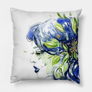 Water Leaves 9 - Watercolor Woman Portrait Pillow