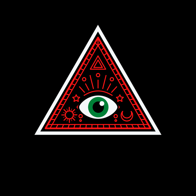 All Seeing eye - red and black with green eye by Just In Tee Shirts