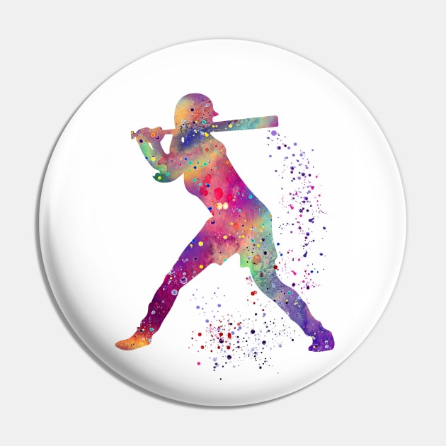 Baseball Batter Girl Colorful Watercolor Silhouette Pin by LotusGifts