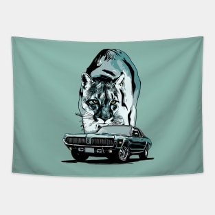 68 Mercury Cougar with cougar cat backdrop, blue/green theme. Tapestry