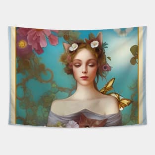 Painting of girl with roses and cat by Ziola Rosa - nature art deco rose Tapestry