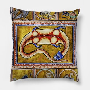 MEDIEVAL BESTIARY,SALAMANDER, FANTASTIC ANIMALS IN GOLD RED BLUE COLORS Pillow