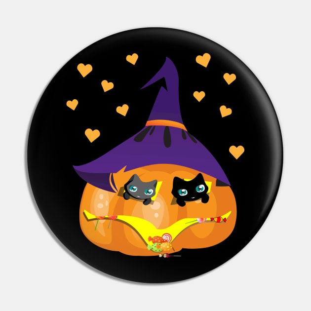 Halloween Black and Gray Cat in a Pumpkin House with Sweets Pin by K0tK0tu