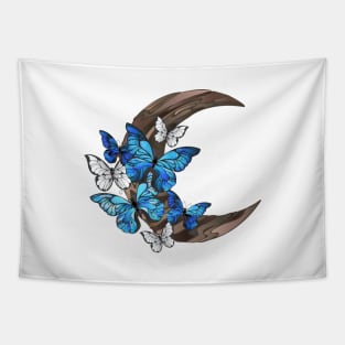 Blue butterflies on wooden crescent Tapestry