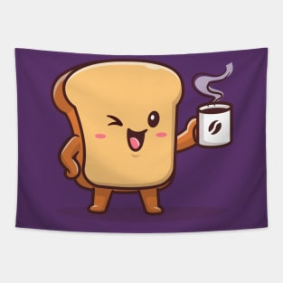 Cute Bread Drink Coffee Cartoon Vector Icon Illustration Tapestry