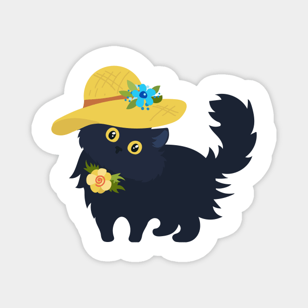 Black Cat in Yellow Summer Hat With Flowers Magnet by Protshirtdesign