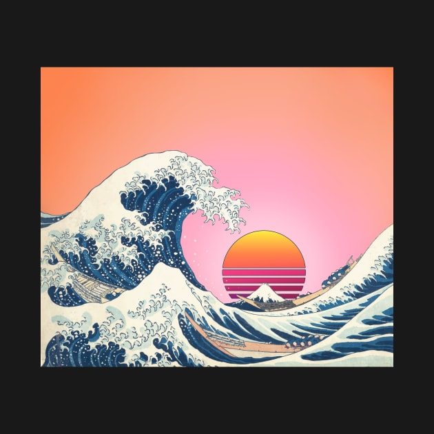 Retro Great Wave off Kanagawa with vintage rising sun and pastel sky by Vane22april