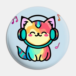 Happy smiling baby pussy cat with headphones. Kawaii cartoon Pin