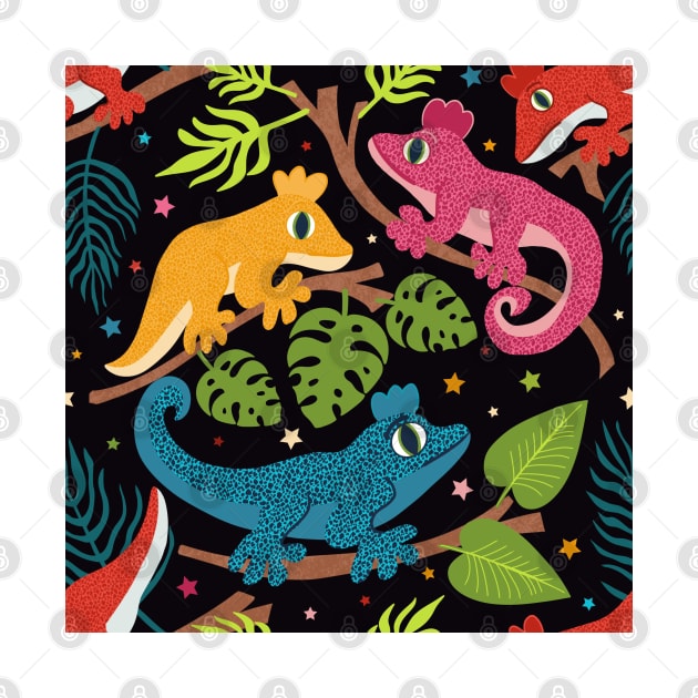 Colourful Crested Geckos with Jungle Leaves and Stars on Black by NattyDesigns