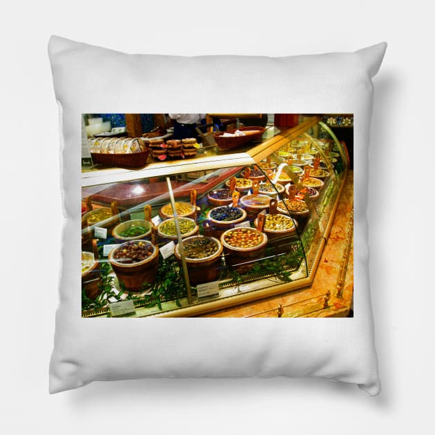 London. Harrod's Food Halls: Olives. Great Britain 2009 Pillow by IgorPozdnyakov