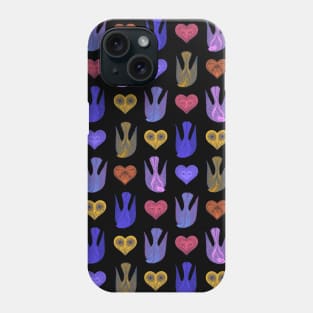 Lovely love birds with hearts pattern on black background Phone Case
