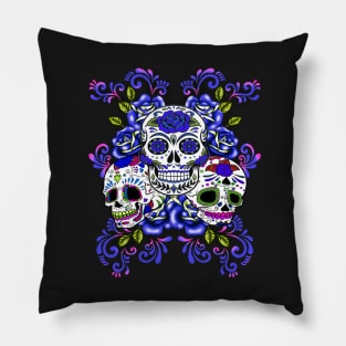 Triple Skull Blue Floral Day Of The Dead Sugar Skulls Pillow