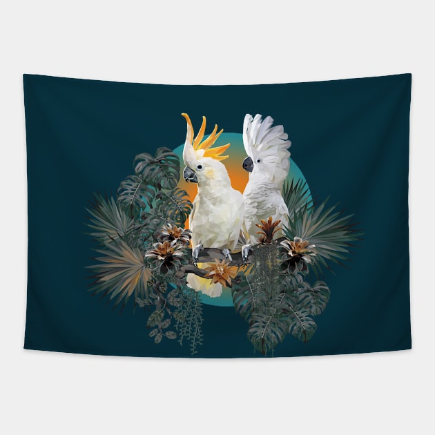 polygonal illustration group of Cockatoo birds with amazon leaves Tapestry by Lewzy Design