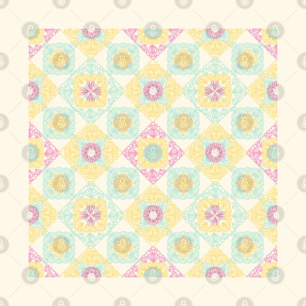 Pink, yellow and turquoise granny squares over cream by marufemia