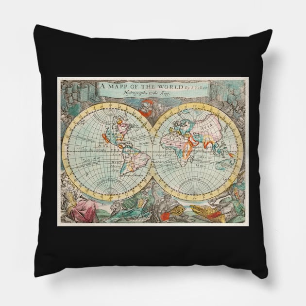 Vintage Map of the World (1682) by John Playford Pillow by MurellosArt