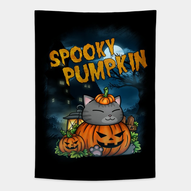 Halloween Pumpkin Cat Tapestry by Takeda_Art