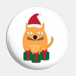 Cute Cartoon Cat with Santa Hat and Green Red Gifts Pin