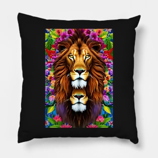 Colorful Lion with flowers surrealist impressionist style Chambala paradise Pillow