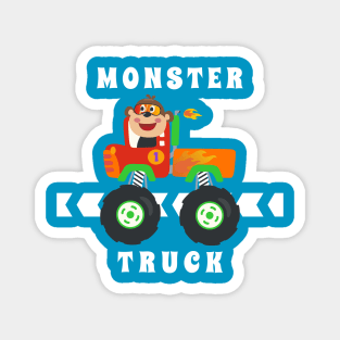 Cartoon vector of monster truck with little animal driver. Magnet