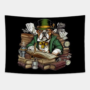 Accountant English Bulldog t-shirt design, a bulldog wearing a green visor and holding a ledger Tapestry