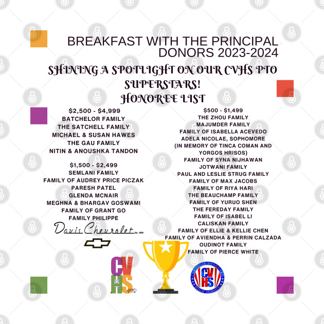 Breakfast With The Principal Donors Honorees 2023-2024 by Carnegie Vanguard High School PTO