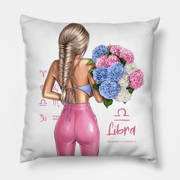 Libra Girl Pink Outfit Flowers Pillow by AllessyArt 