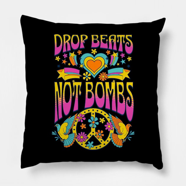 DROP BEATS NOT BOMBS  - Retro Style Pillow by DISCOTHREADZ 