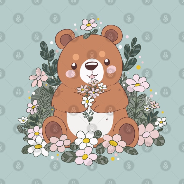 Cute brown bear holding flowers by YaraGold