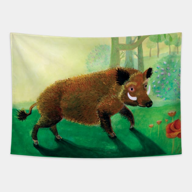 Funny Wild Boar Illustration Tapestry by Julia Doria Illustration