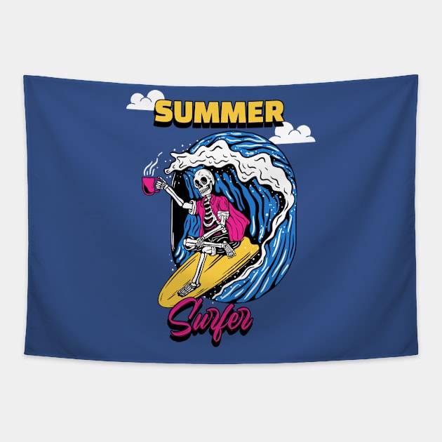 Surfer Wave Coffee Skeleton Summer Tapestry by letnothingstopyou