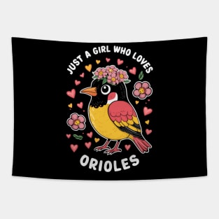 Just a Girl Who Loves Orioles Bird Lover T-Shirt - Floral Birdwatching Tee Tapestry