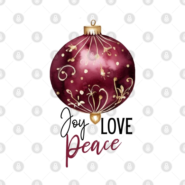 Joy Love and Peace Holiday Ornament in Gold and Burgundy Design by mw1designsart