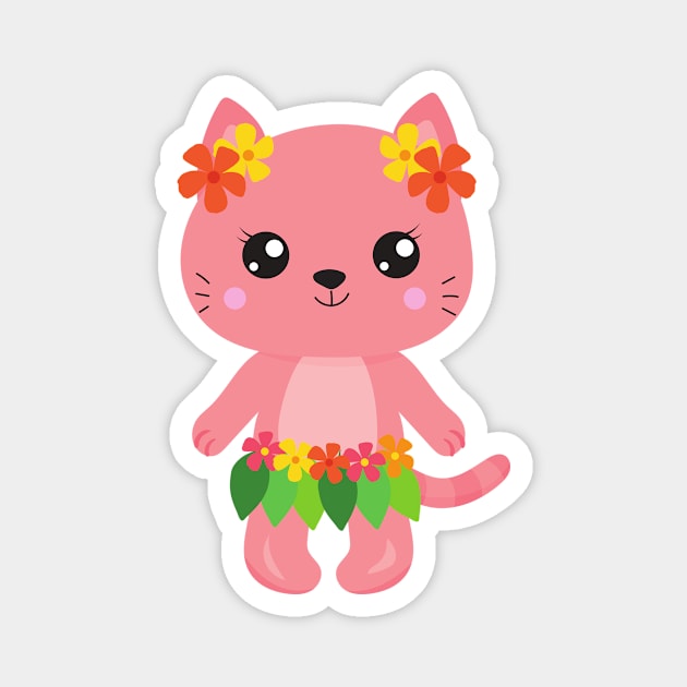 Hawaii Cat, Cute Cat, Pink Cat, Flowers, Luau Magnet by Jelena Dunčević