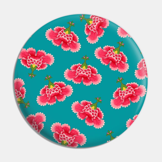 Chinese Vintage Pink and Red Flowers with Teal Blue - Hong Kong Traditional Floral Pattern Pin by CRAFTY BITCH