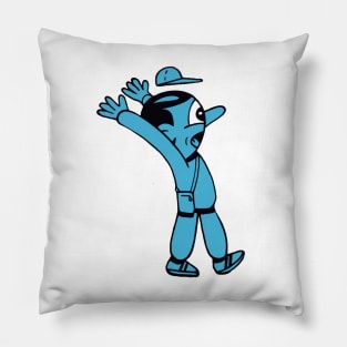 Blueman  a cartoon man's baseball cap blows off his head in shock Pillow