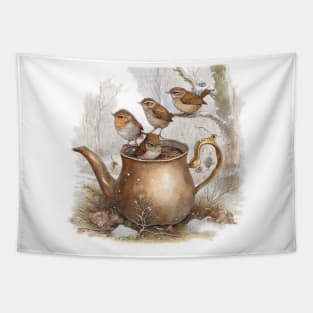 4 wrens sitting and a  tea pot Tapestry