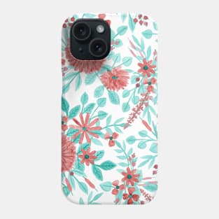 Burgundy and Teal Watercolor Floral Pattern Phone Case