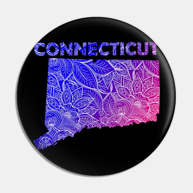 Colorful mandala art map of Connecticut with text in blue and violet Pin by Happy Citizen