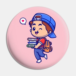 Cute Boy Going To School And Bring Books Cartoon Pin