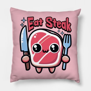 Eat Steak! Cute Kawaii Steak Cartoon Pillow