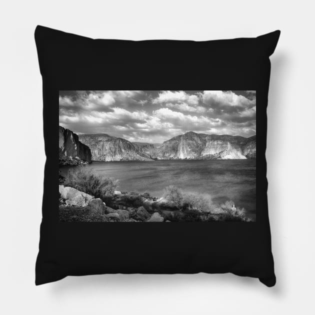 Canyon Lake In Black And White Pillow by JimDeFazioPhotography