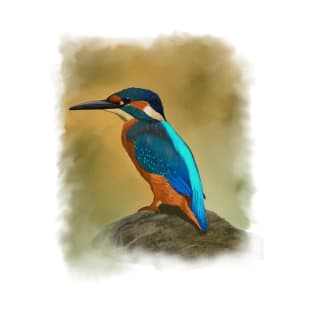 Kingfisher Soft Pastel Drawing on Yellow Ochre T-Shirt