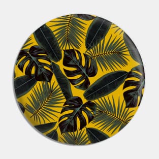 Tropical Black Green Leaves Pattern on Mustard Yellow Pin