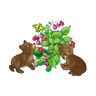 cartoon bear cubs on a background of raspberries and flowers T-Shirt